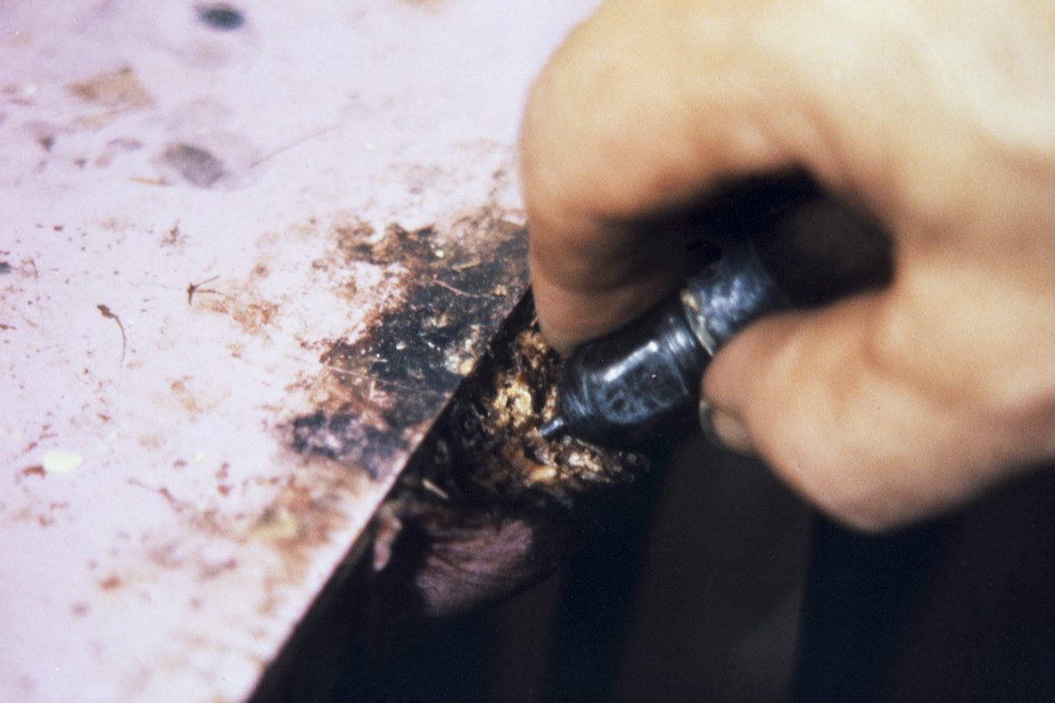72_5000_0089_valmis_netti To facilitate perforation, the awl is slipped with soap, 1978. Photo: Juha Miettinen / KUHMU
