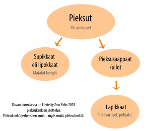 Pieksuperheestä kertova grafiikka. Yksipohjaisista pieksuista haarautuu supikkaat eli matalat kengät sekä pieksusaappaat eli uilot. Pieksusaappaat kehittyivät myöhemmin lapikkaiksi.