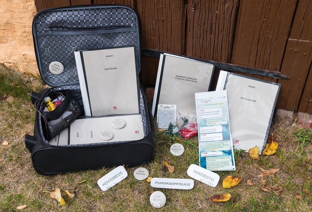 Matkalaukku nurmikolla. Erilaisia kansioita laukussa ja nurmikolla. Nurmikolla sanat hovioikeus, puhdasoppisuus ja vankikistu.