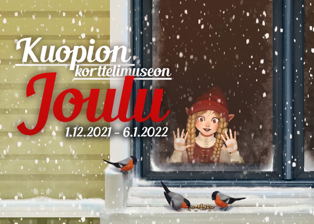 Tonttu katsoo Korttelimuseon rakennuksen ikkunasta ikkunalaudalla siemeniä syöviä lintuja.