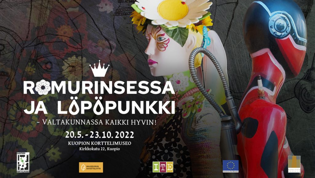 Romurinsessa ja Löpöpunkki - valtakunnassa kaikki hyvin! -näyttelyn julisteessa kaksi mallinukketeosta seisoo selin toisiinsa.