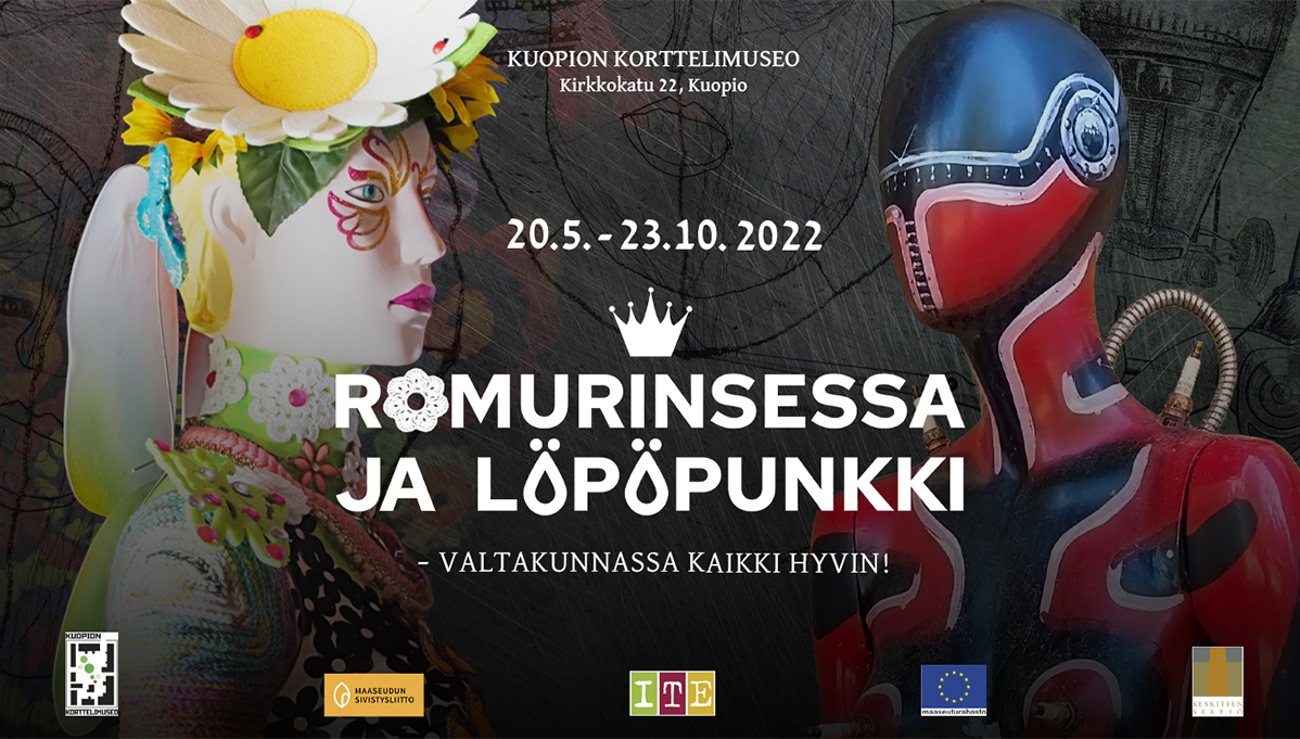 Romurinsessa ja Löpöpunkki - valtakunnassa kaikki hyvin! -näyttelyn julisteessa kaksi mallinukketeosta seisoo kasvokkain toisiinsa.