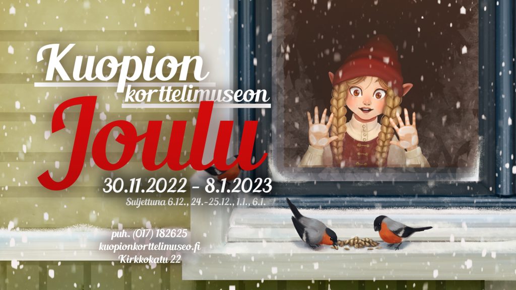 Joulunäyttelyn julisteessa tonttu-tyttö katselee punatulkkuja ikkunalaudalla.