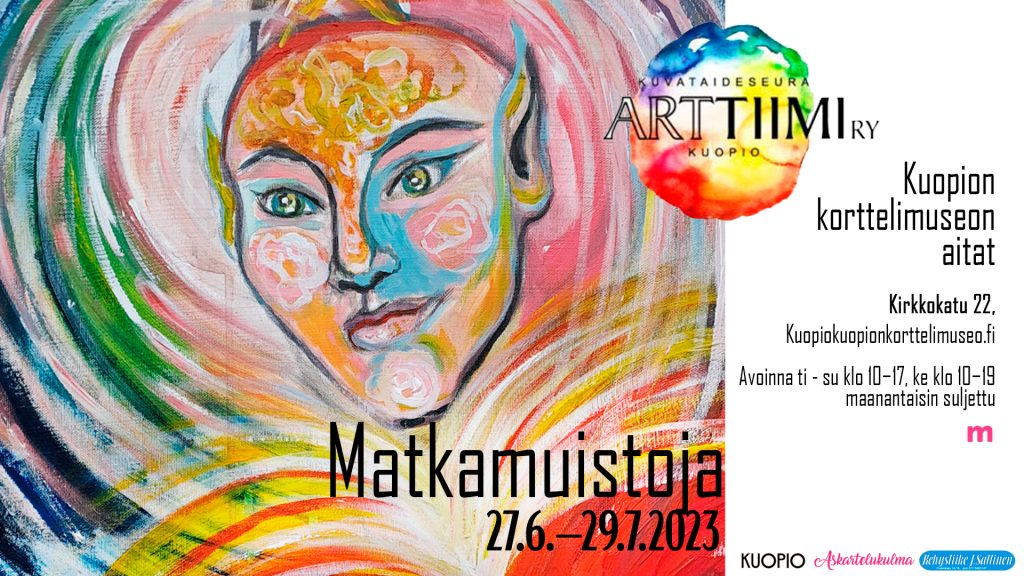 Matkamuistoja -näyttelyn värikäs juliste