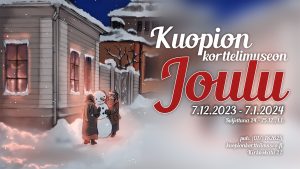 Korttelimuseon joulunäyttelyn julisteessa lapset tekevät lumiukkoa Korttelimuseon pääportilla.