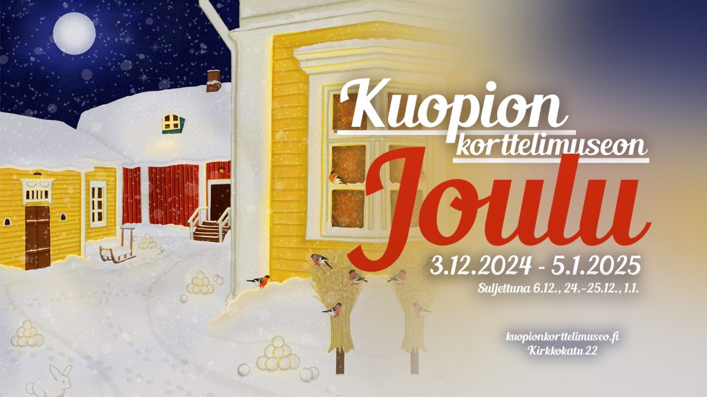 Museorakennukset hohtavat kirkkaina kuun valossa näyttelyn julisteessa.