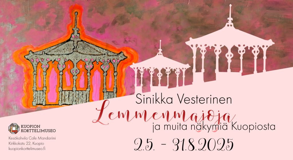 Lemmenmajoja ja muita näkymiä Kuopiosta -näyttelyn julisteessa punaisen sävyjä ja kiiltävä koristeellinen maja.