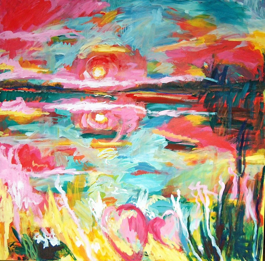 Impressionistinen maalaus, jossa aurinko laskee järveen.