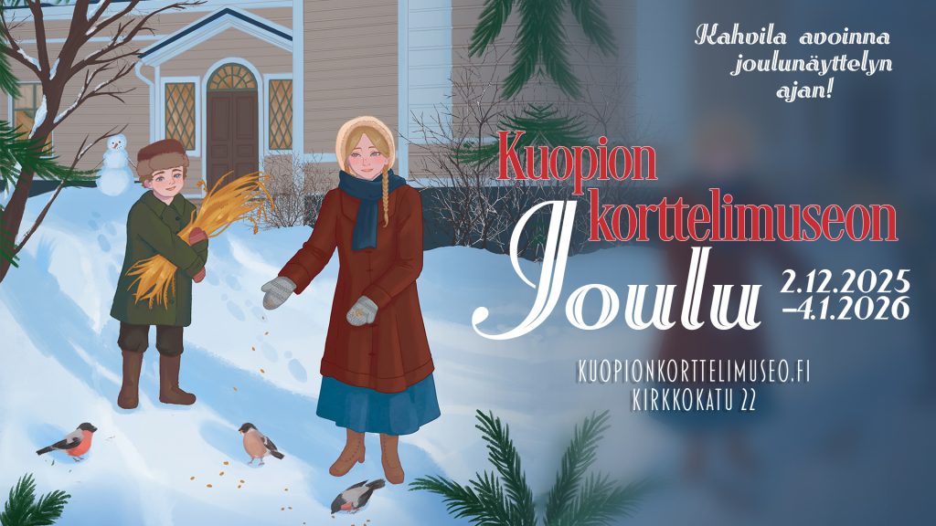 Piirretyssä kuvassa lapset ruokkivat pikkulintuja talvisen korttelimuseon pihalla. 