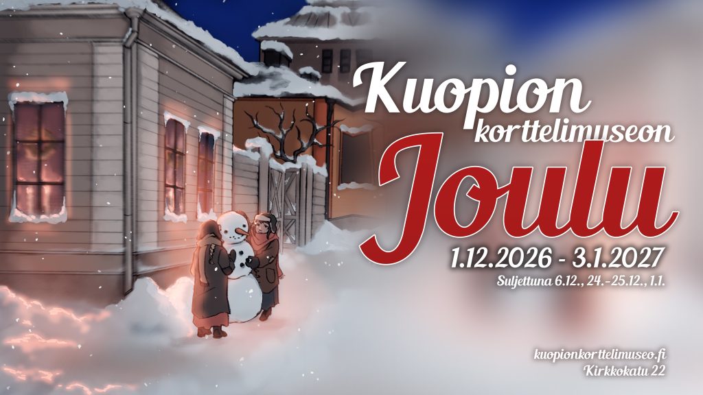 Joulu-näyttelyn julisteessa lapset tekevät lumiukkoa portin korttelimuseon pieleen. 