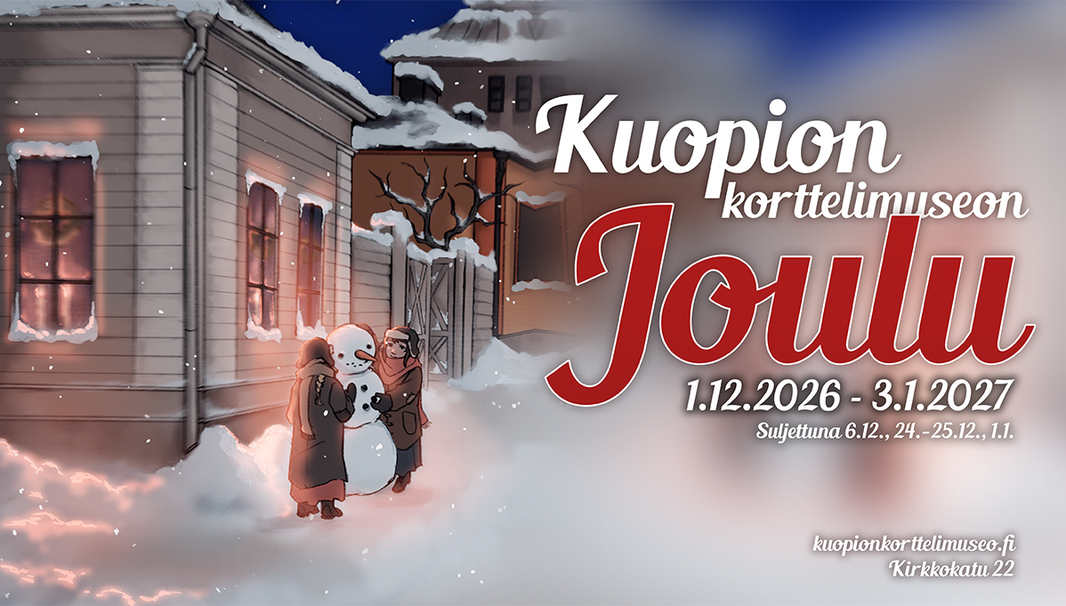 Joulu-näyttelyn julisteessa lapset tekevät lumiukkoa korttelimuseon portin pieleen.